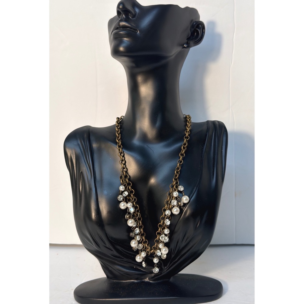 Brass Tone Faux Pearl Rhinestone Multi Strand Bib Necklace